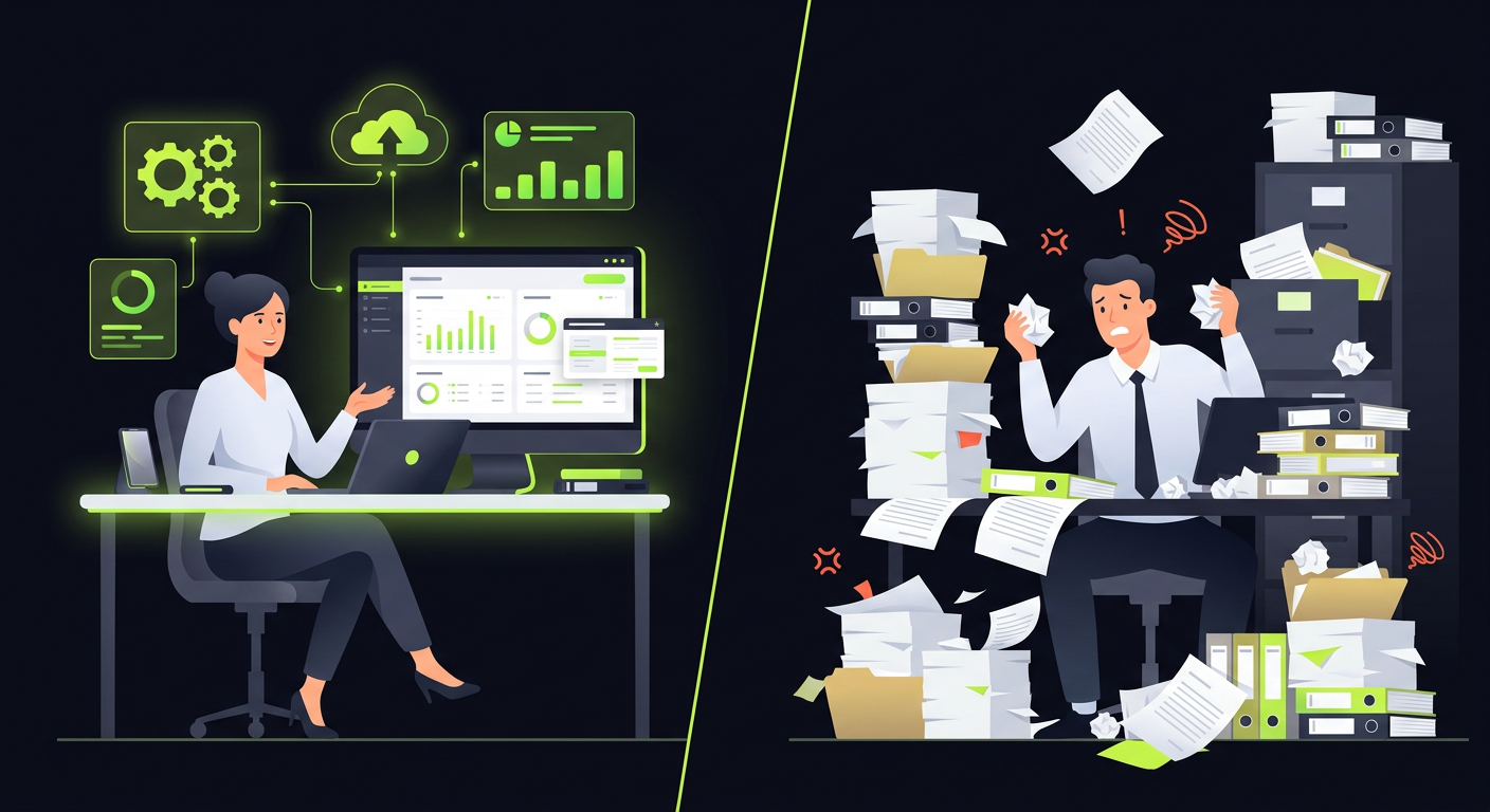 Split screen showing a calm organized accountant on one side and a stressed one surrounded by papers on the other, representing two approaches to client communication