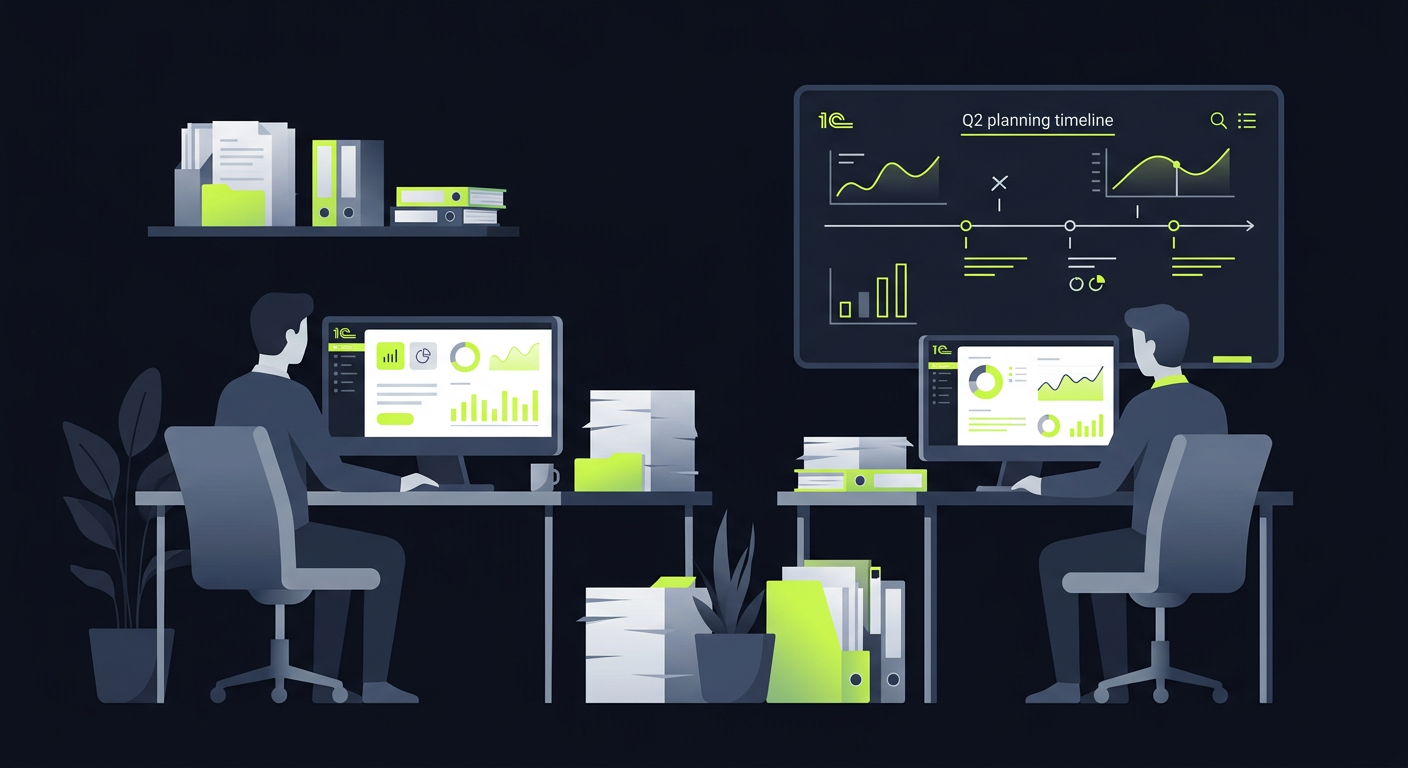 A busy accounting office in April with stacks of documents, multiple monitors showing 1C dashboards, and a whiteboard with Q2 planning timeline