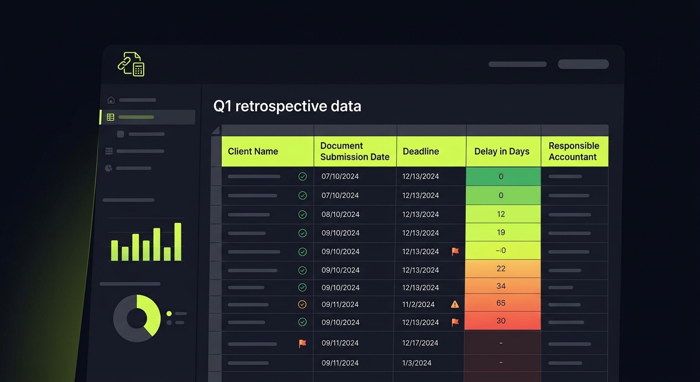 A spreadsheet showing Q1 retrospective data with columns for client name, document submission date, deadline, delay in days, and responsible accountant