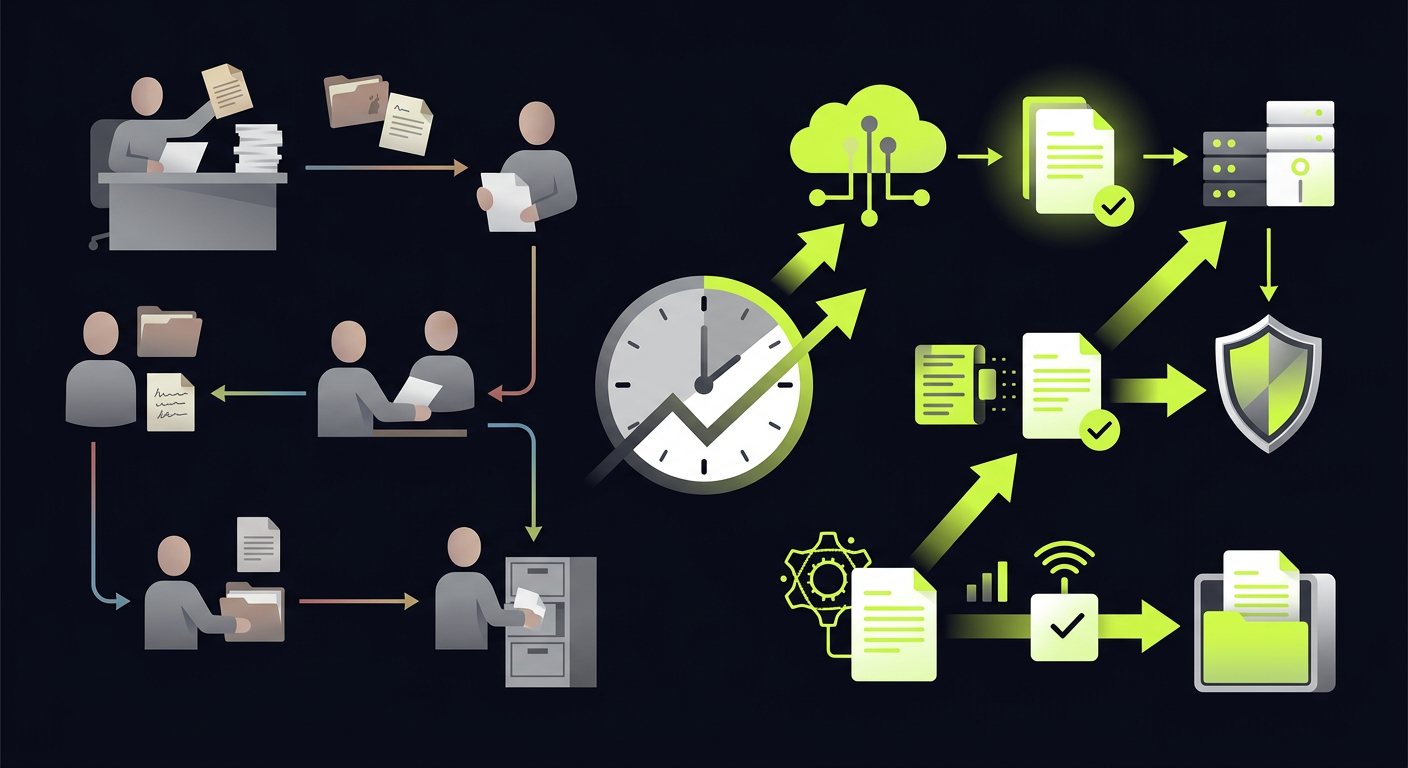 A comparison diagram showing manual document collection workflow vs automated trigger-based workflow with time savings indicated