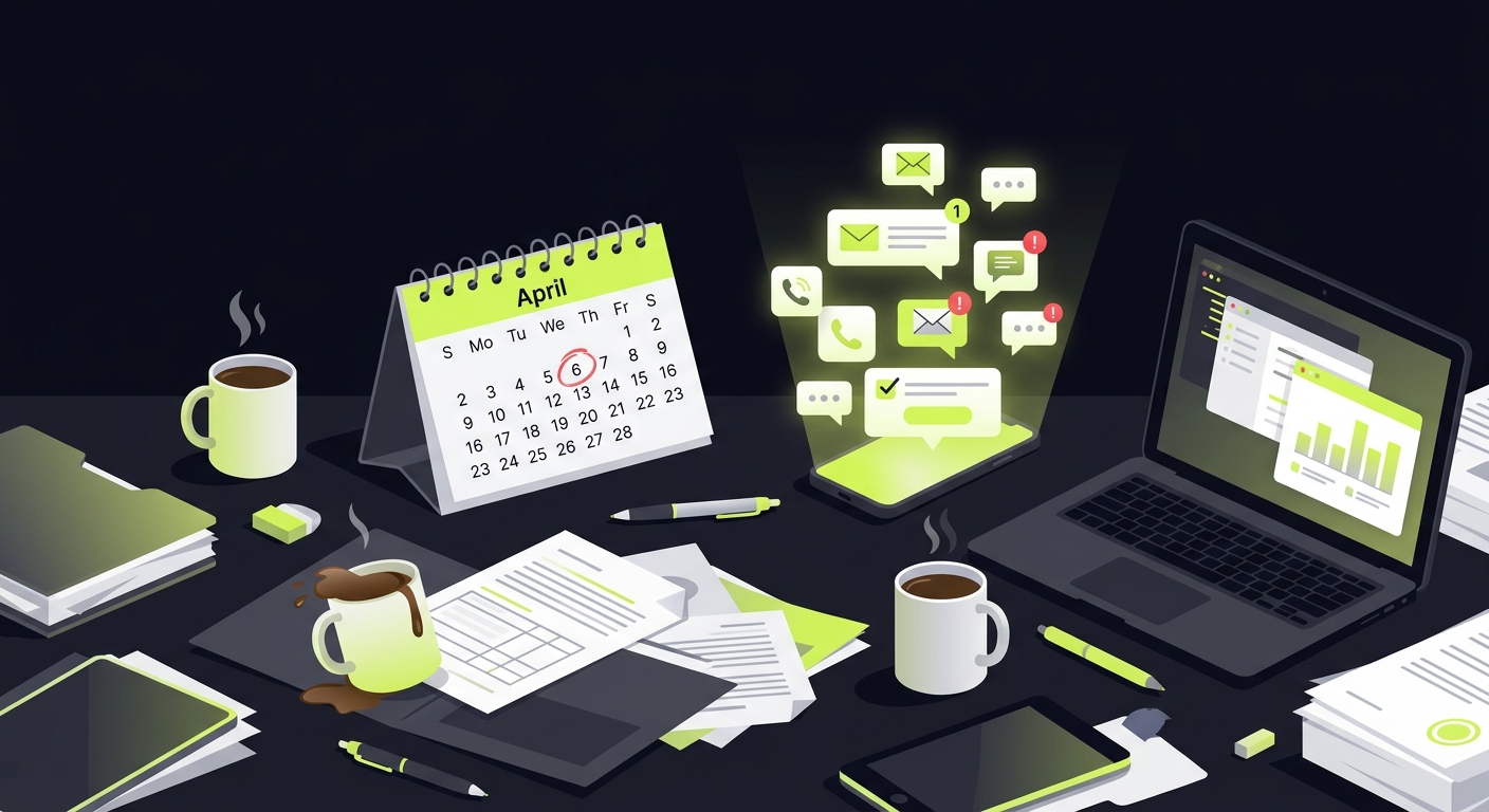 A chaotic Monday morning desk with multiple coffee mugs, a calendar with April 6 circled in red, and a phone blowing up with notifications