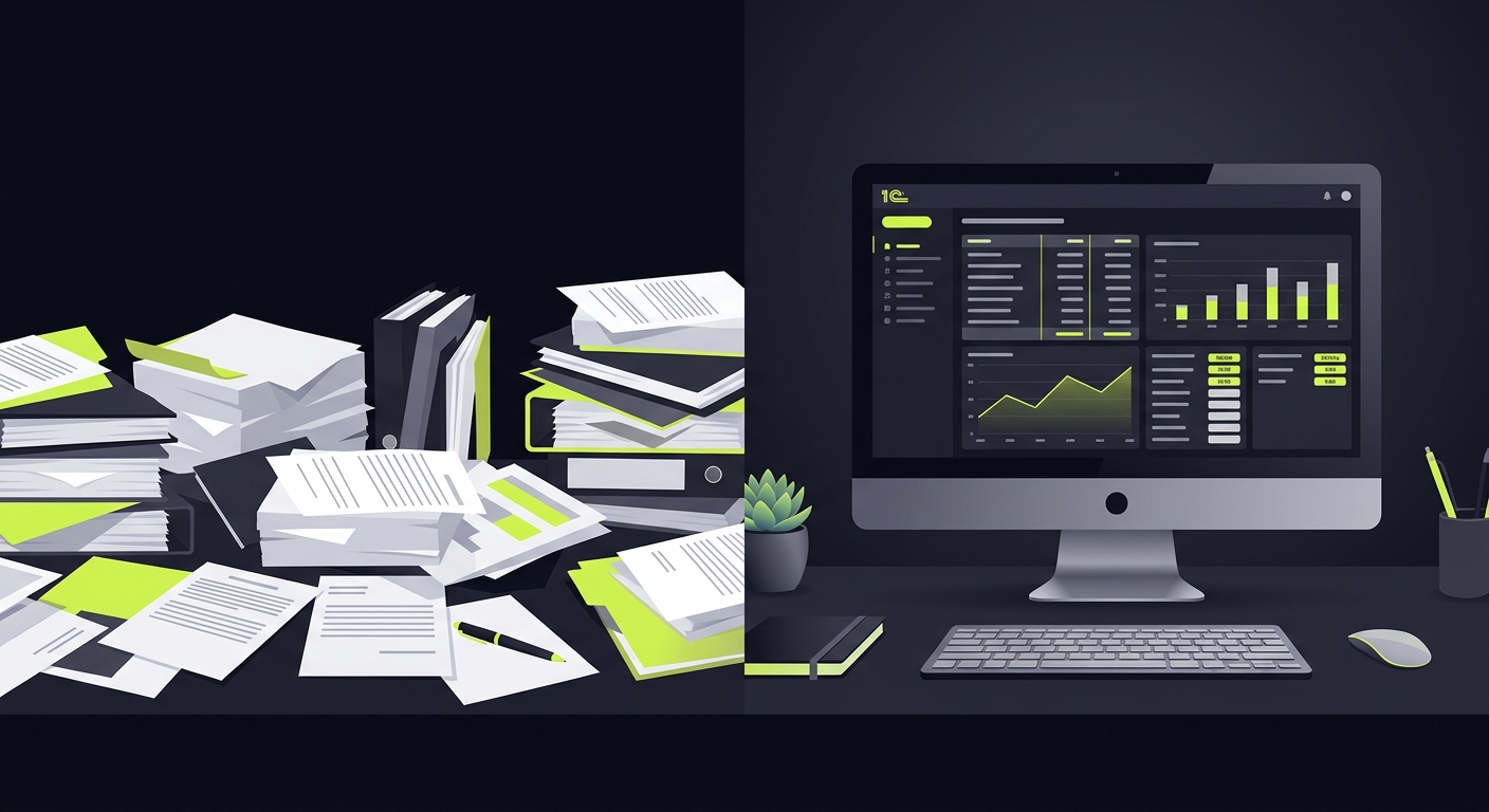 Split screen: left side shows a messy desk with papers everywhere, right side shows a clean desk with a single monitor displaying a neat 1C report