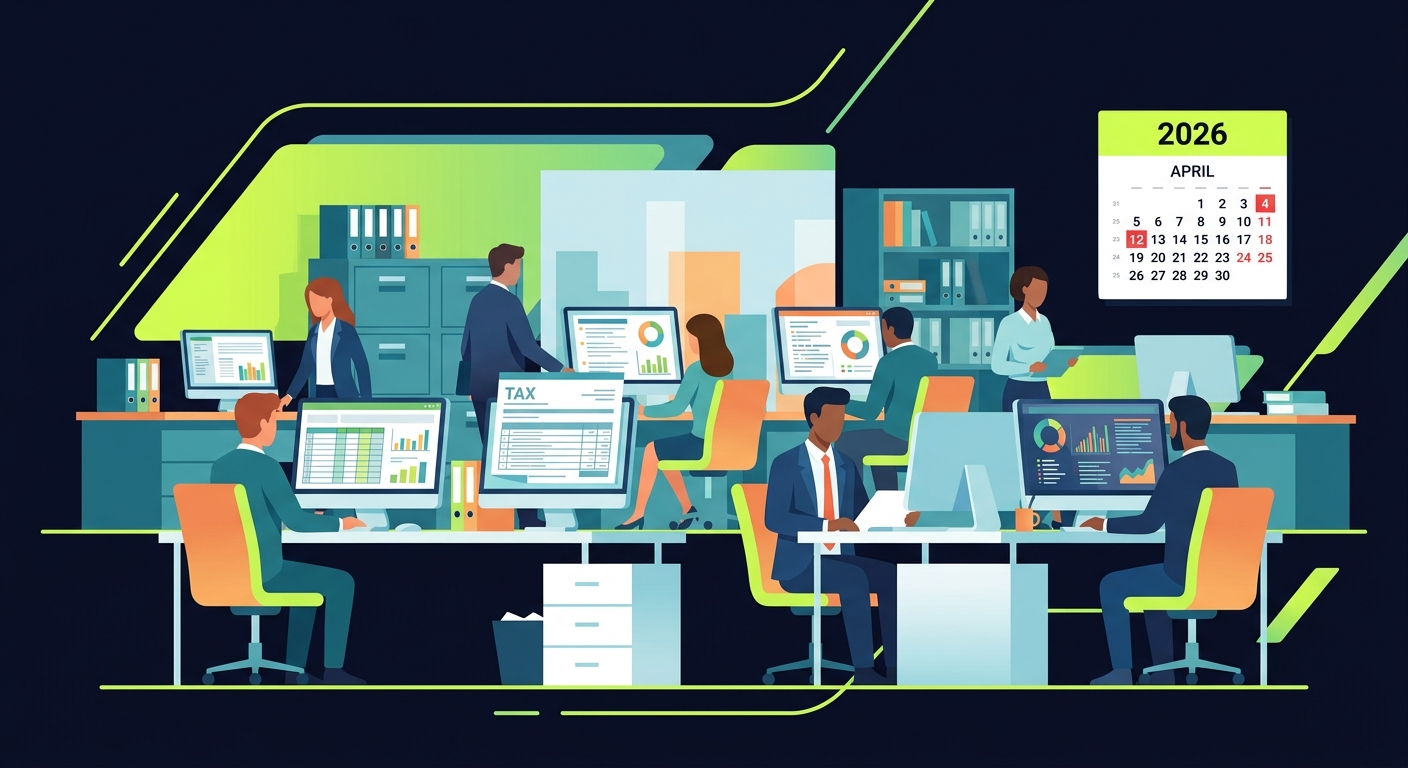A busy accounting agency office with multiple monitors showing spreadsheets and tax reports, team members collaborating at desks, calendar on wall showing April 2026 deadlines highlighted in red