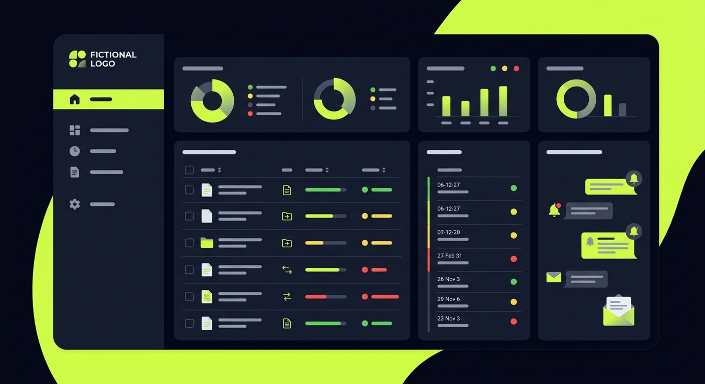 Screenshot mockup of an accounting agency dashboard showing client document status, deadline tracking, and automated reminder system with green/yellow/red status indicators