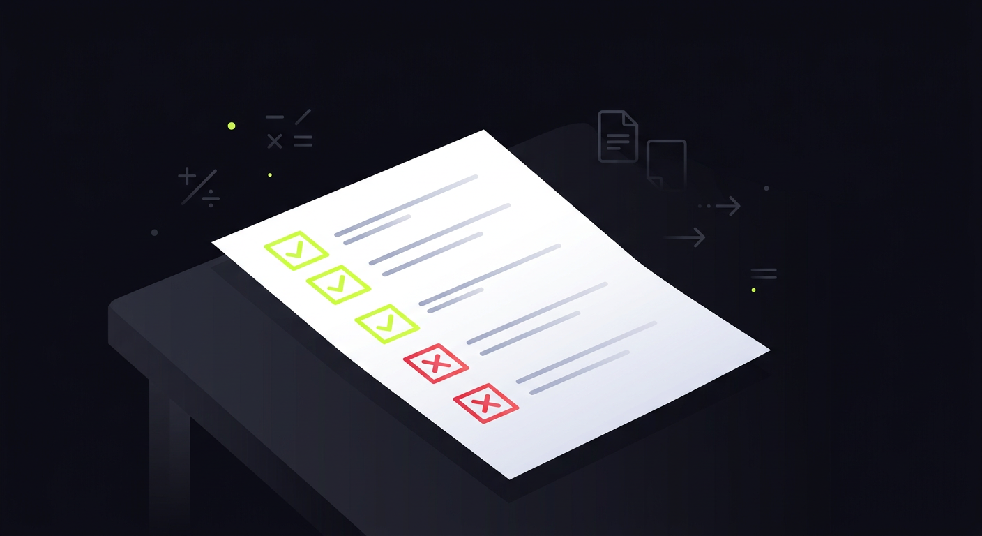 Checklist document on a desk with red and green checkboxes, labeled 