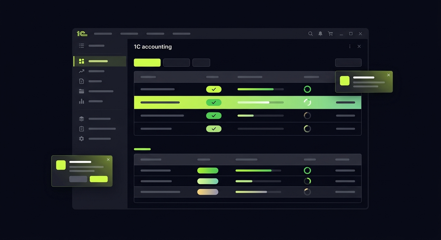 Screenshot mockup of a 1C accounting interface with document status indicators and automated request notifications