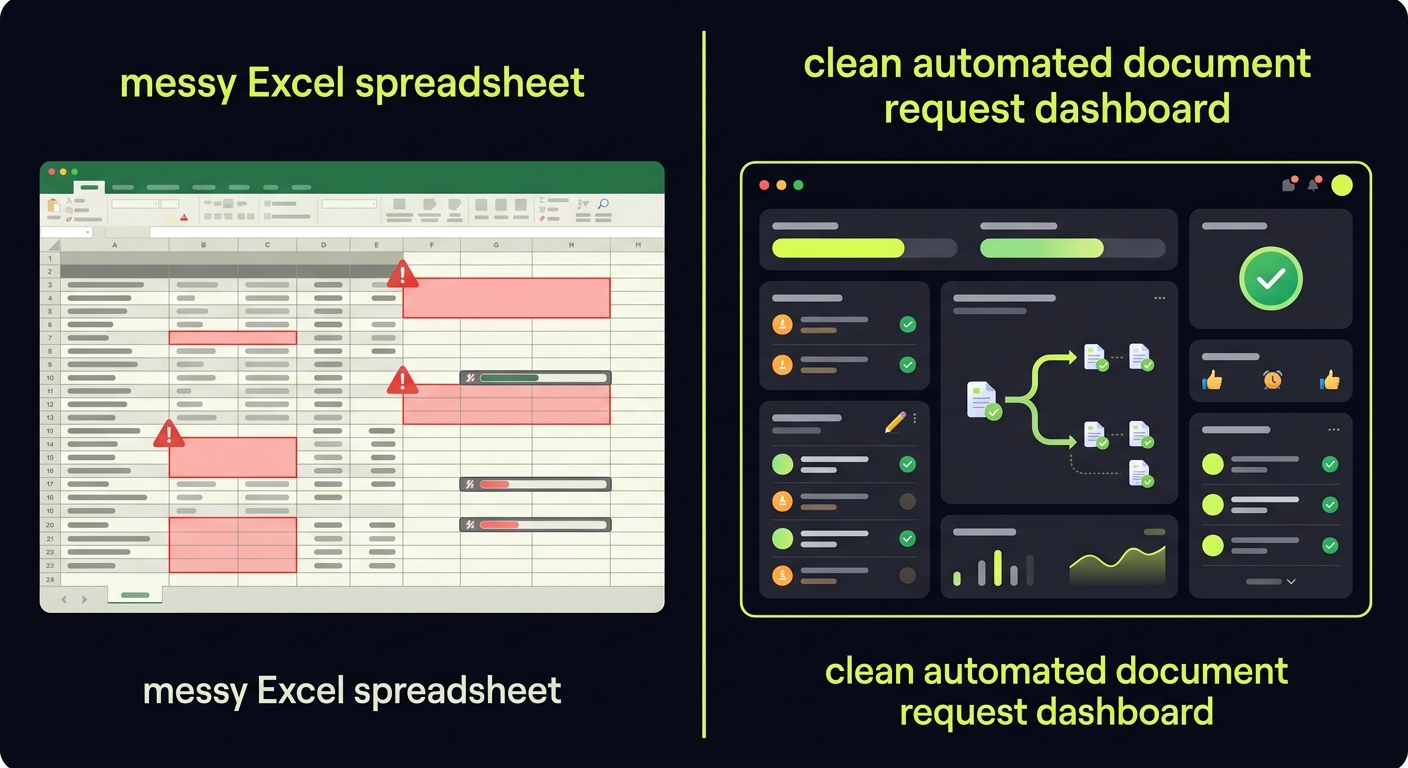 Split screen comparison - left side shows messy Excel spreadsheet with highlighted missing documents, right side shows clean automated document request dashboard with status indicators