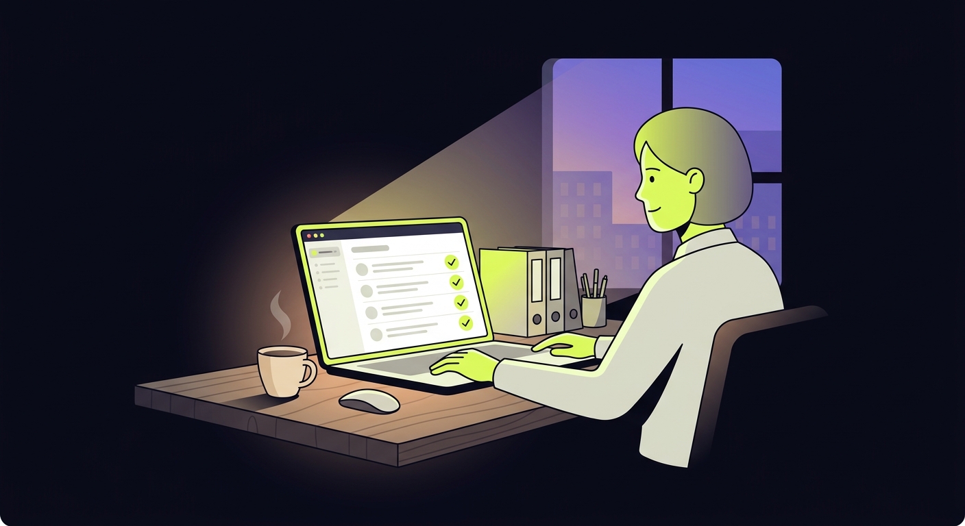 Calm accountant at tidy desk in July evening, laptop showing completed tax declarations list with green checkmarks, coffee cup nearby