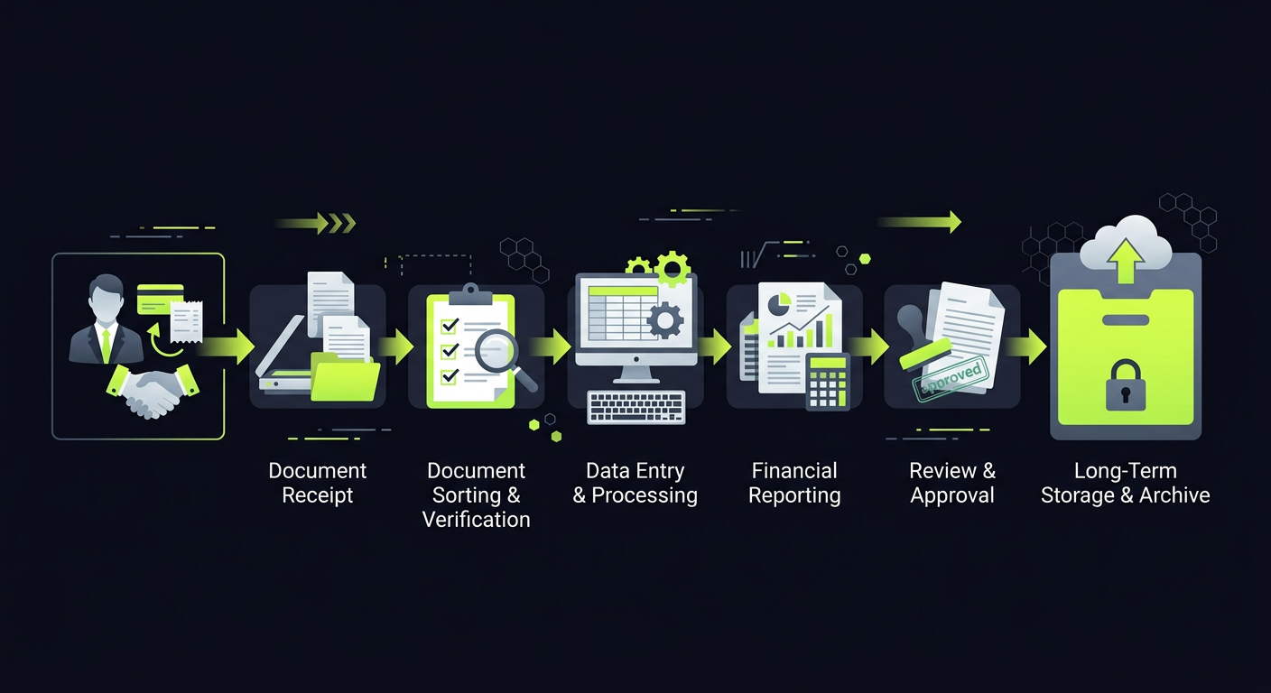 Flowchart showing the lifecycle of a primary document from client operation to archive in an accounting agency