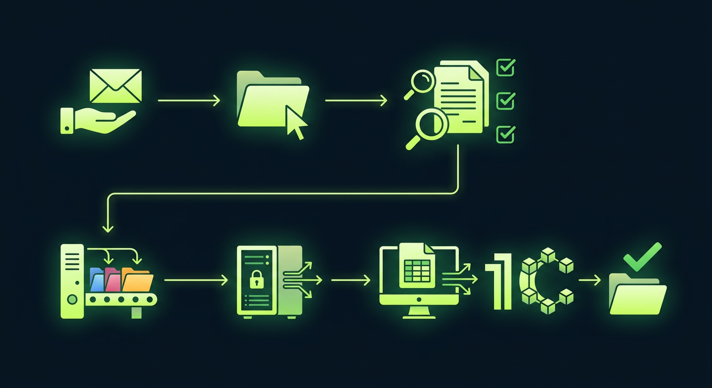 Step-by-step diagram of document intake process in an outsourced accounting agency, from client submission to 1C entry