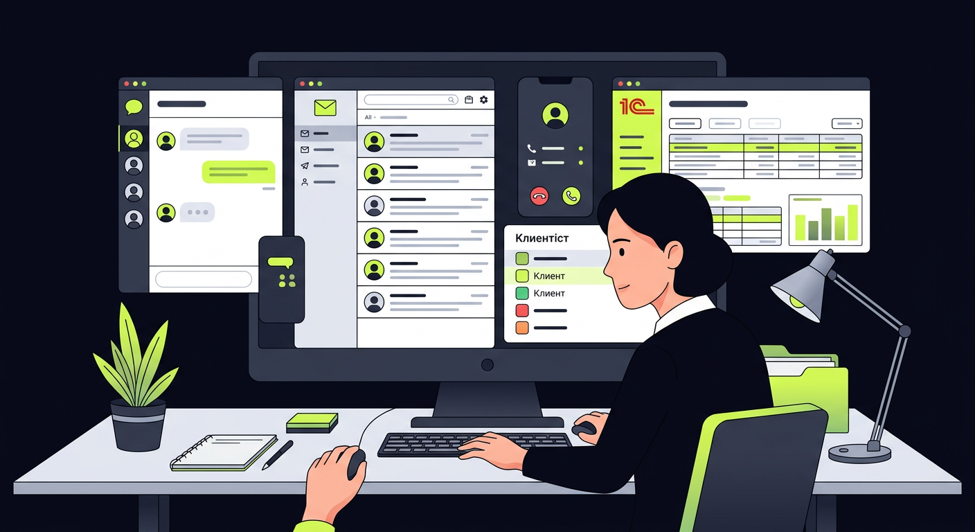 A bухгалтер at a desk with multiple communication channels shown on screen - messenger, email, phone, 1C interface - with color-coded client list