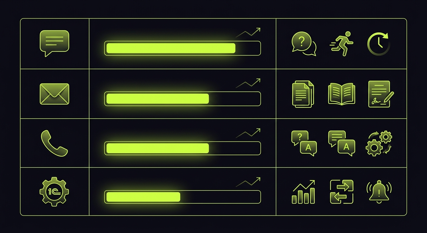 Comparison table of communication channels - messenger, email, phone call, 1C notification - with response rate indicators and best use cases