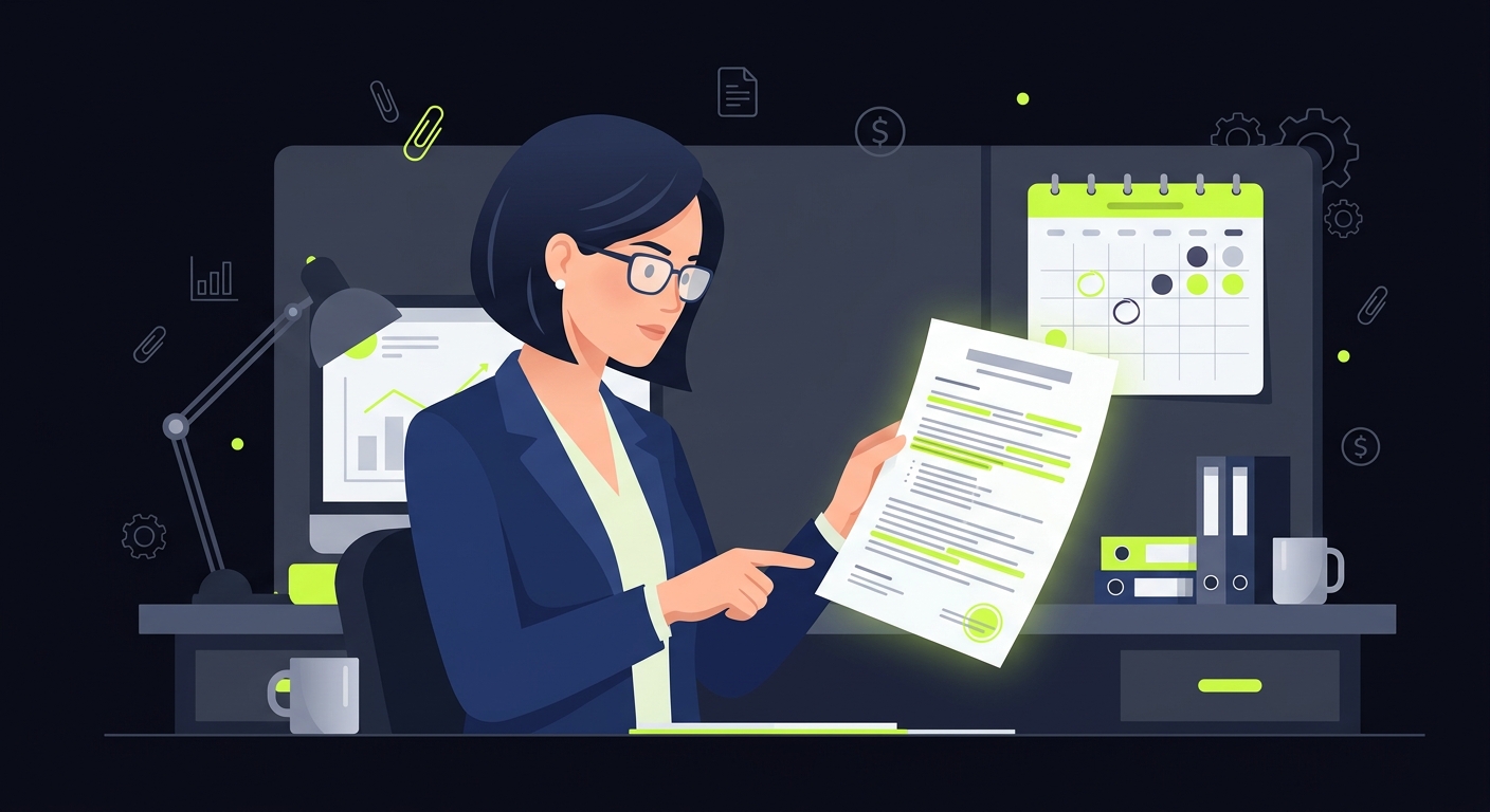 A bухгалтер at a desk reviewing a contract with SLA terms highlighted, calendar with deadlines visible in the background, professional office setting