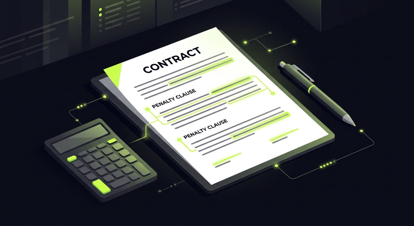 A contract document with penalty clauses highlighted, pen and calculator nearby, clean business style