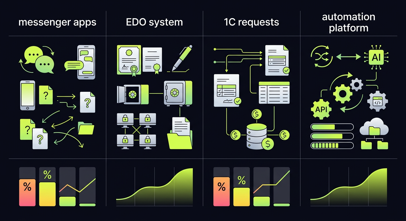 A split-screen comparison chart showing four document collection methods for accounting agencies - messenger apps, EDO system, 1C requests, and automation platform, with color-coded efficiency indicators