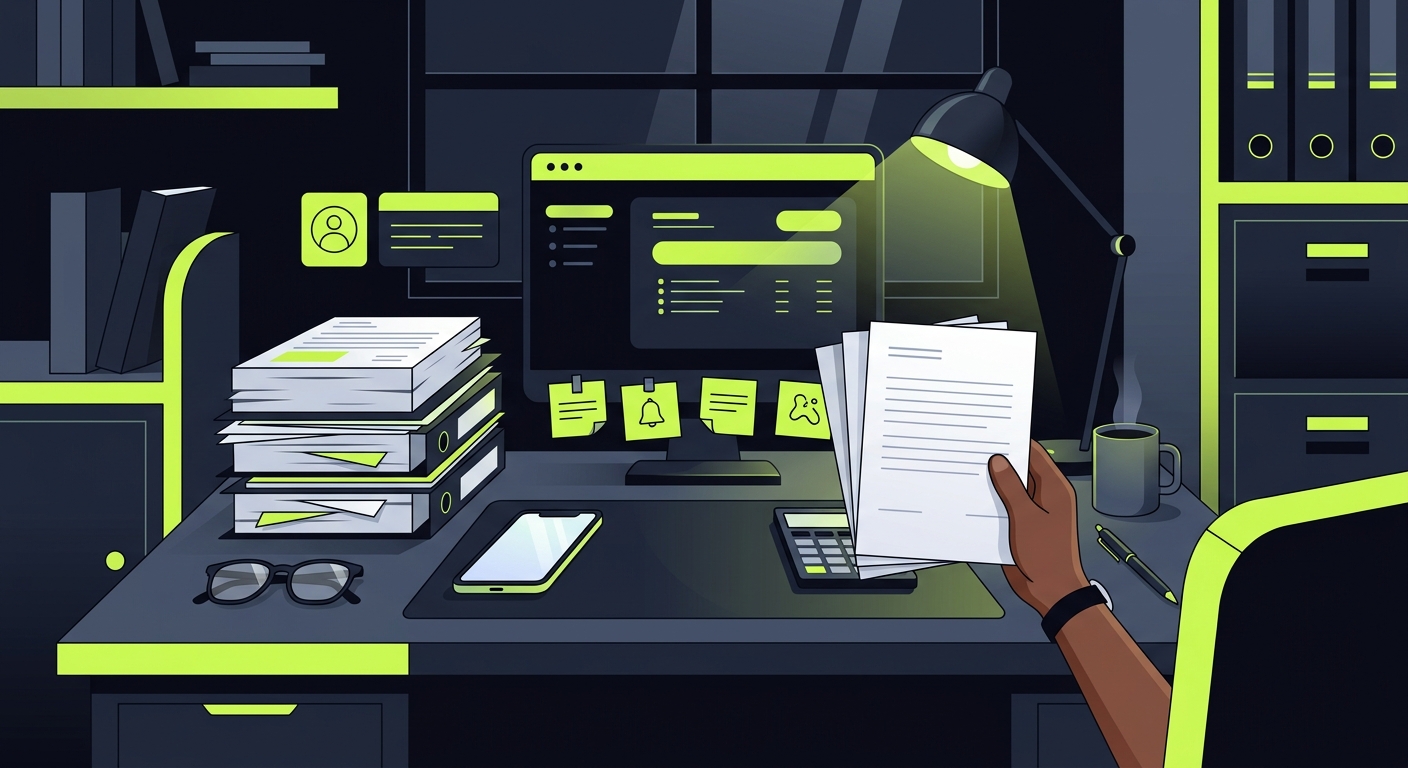 A desk with stacks of paper documents, a phone, sticky notes with reminders, and a calculator - representing manual document collection work in an accounting office
