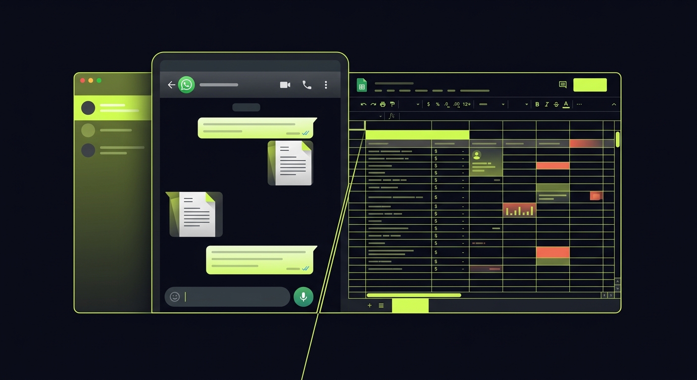 Split screen showing WhatsApp chat with document photos on one side and a messy Google Sheets tracking table on the other side - illustrating partial automation challenges