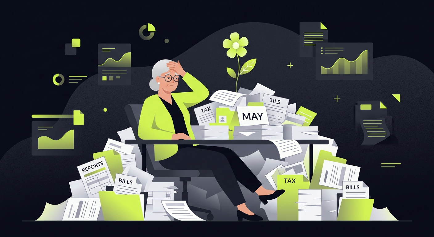 A stressed-out accountant surrounded by a mountain of paper, one labeled 