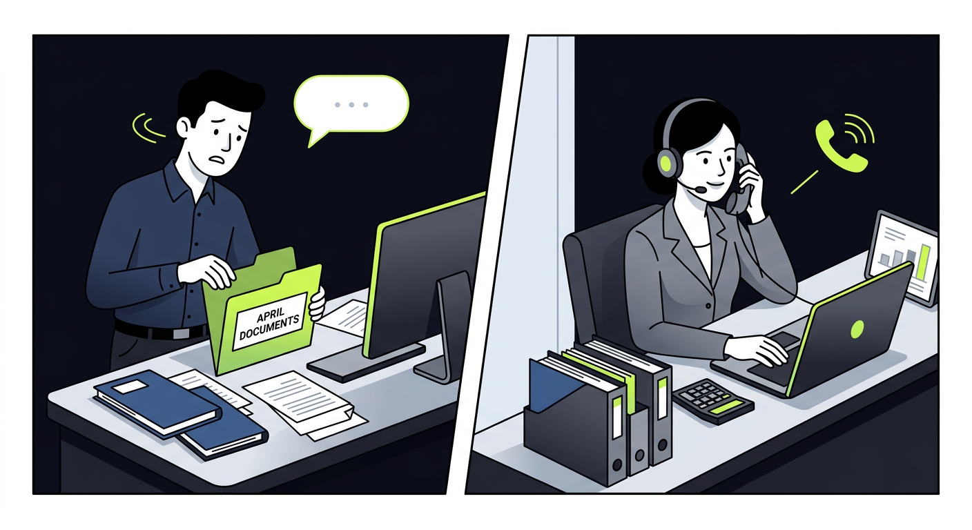 A comic strip showing a client looking into an empty folder labeled 