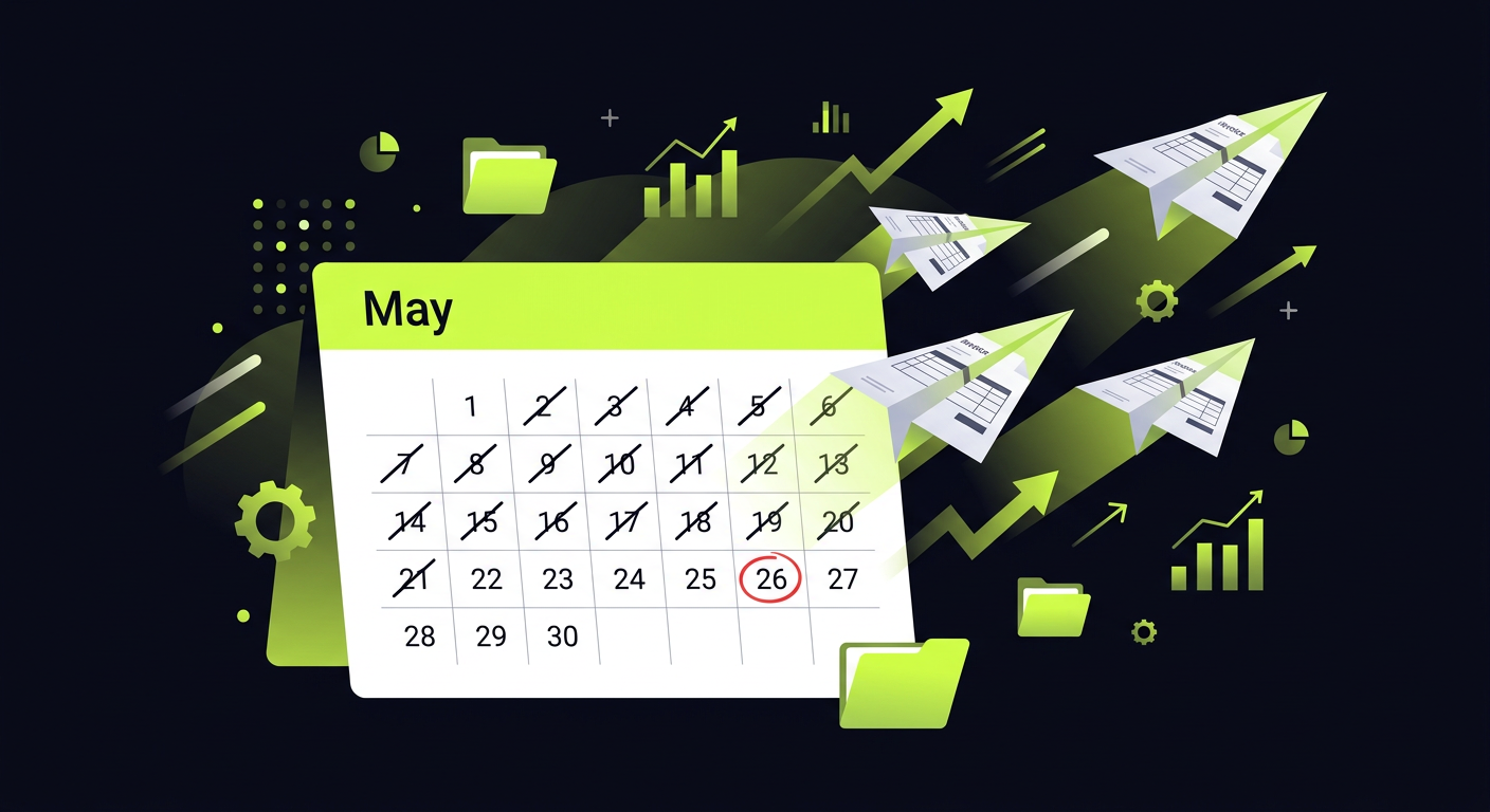 A calendar page for May with most days crossed out, except the 26th circled in red, surrounded by paper airplanes made of invoices flying away.