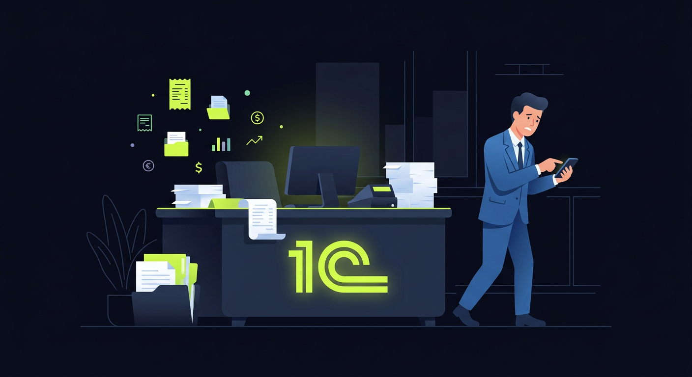 A cartoon of a client slowly backing away from a desk with a huge '1C' logo, looking at their phone