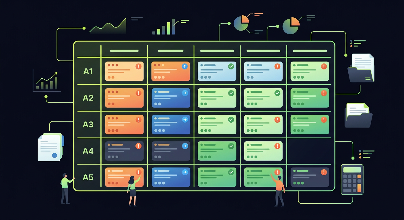 Whiteboard or digital kanban board showing client distribution matrix - columns for phases, rows for accountants, color-coded by priority and status
