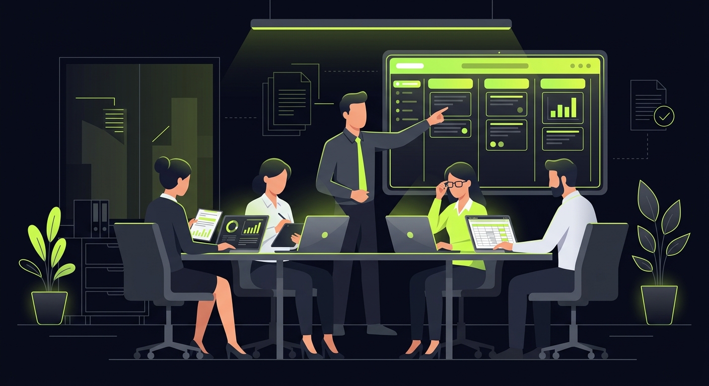 Small accounting team in a meeting room, team lead pointing at a task board, team members with laptops, atmosphere of focused collaboration rather than stress