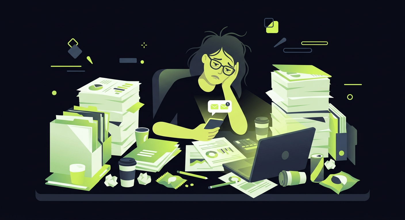 Exhausted accountant at desk surrounded by papers and coffee cups, looking at phone with unread messages, dark humor illustration style