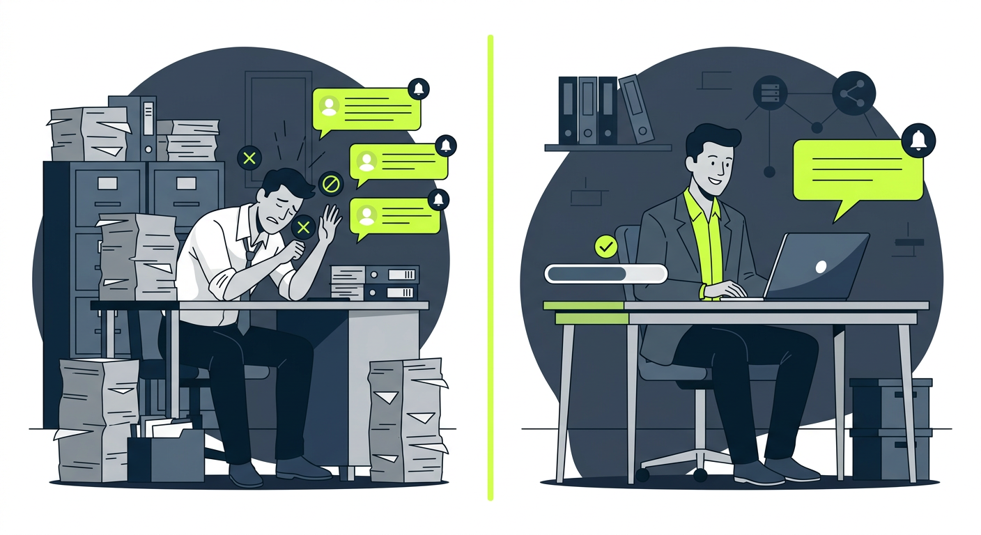 Split screen: left side shows accountant ignoring client messages, right side shows accountant sending brief status update - comic style illustration