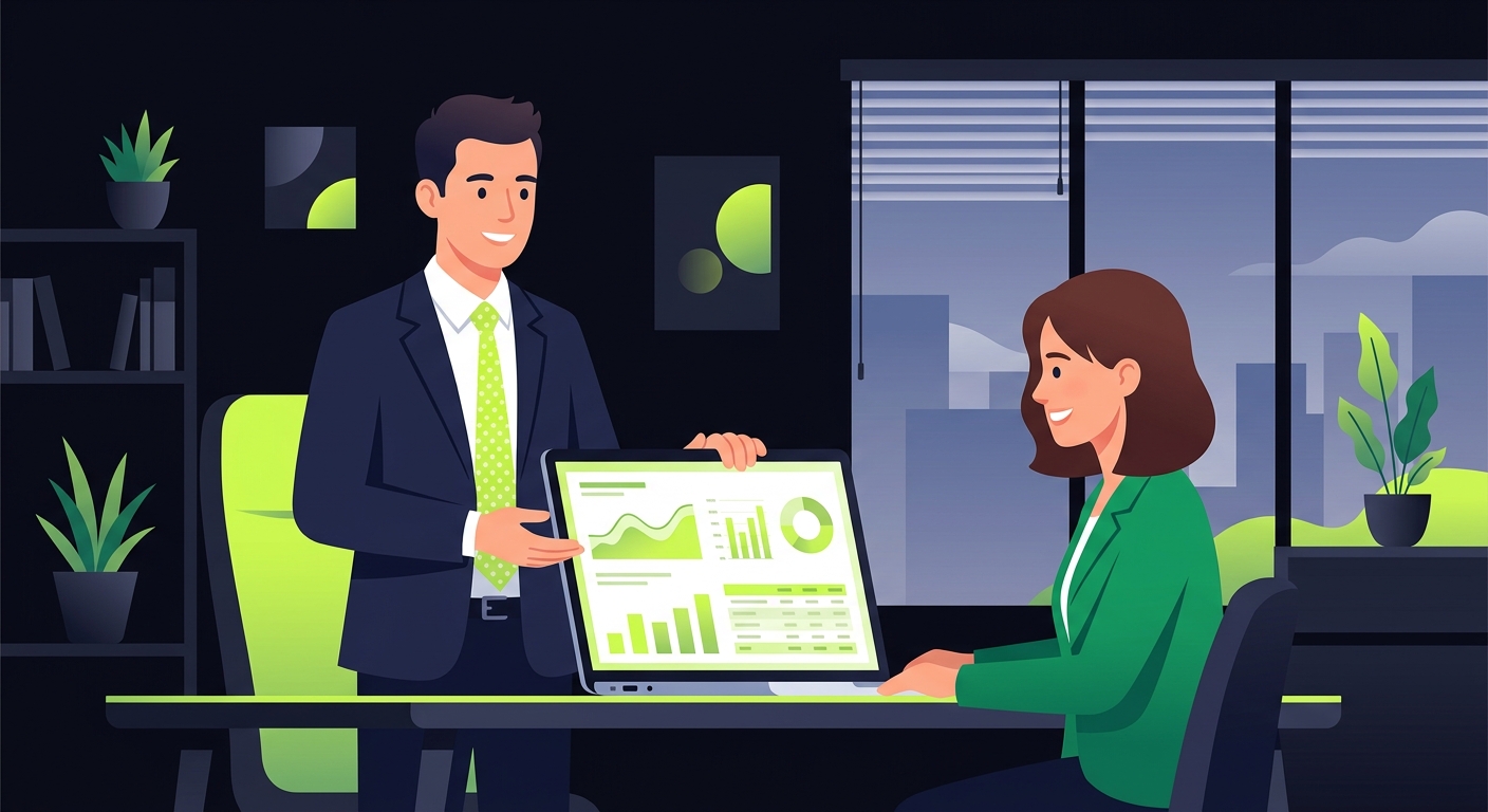 Accountant confidently presenting clear report to happy client on laptop screen, modern office setting, professional illustration