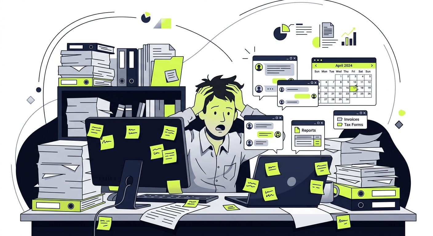 Overwhelmed accountant at desk surrounded by stacks of paper, sticky notes everywhere, multiple chat windows open on screen, looking at calendar showing late April