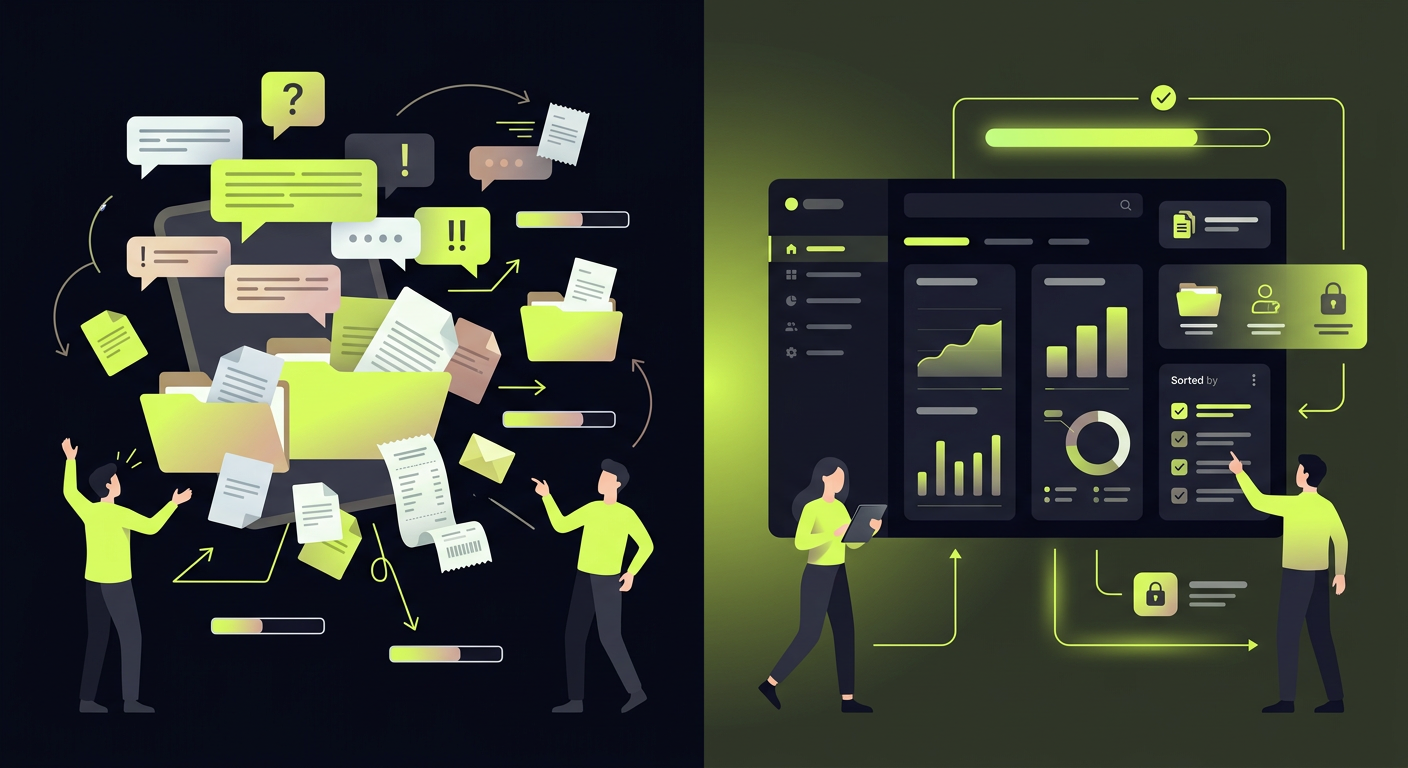 Split screen showing chaotic messenger chats with documents on one side, and clean organized document tracking system on the other side