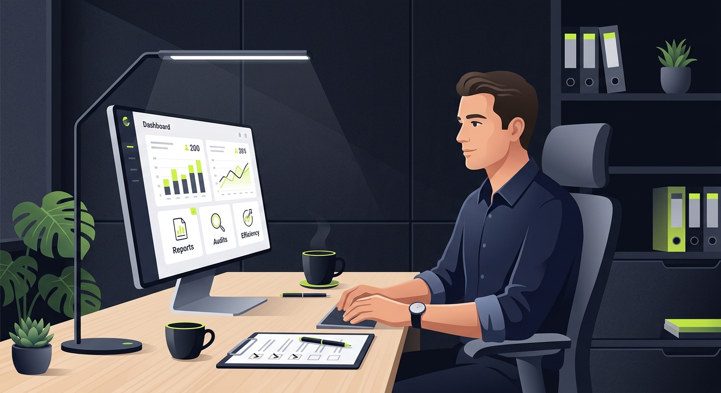 Calm and organized accountant at clean desk with single monitor showing dashboard, coffee cup, and checklist - contrast to first image